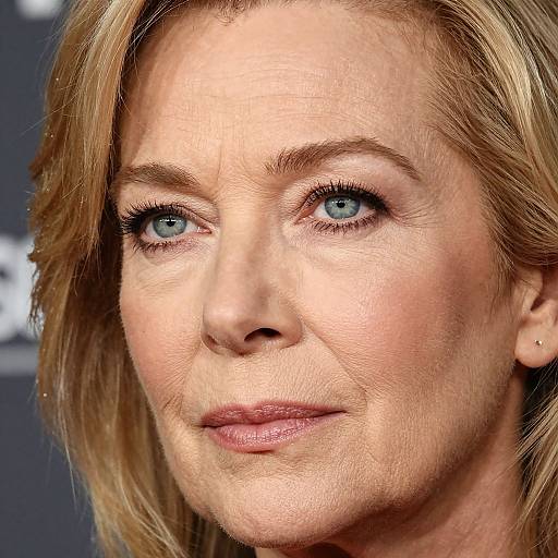Close-up photograph of a blonde, fair-skinned woman with blue eyes, light makeup, and subtle smile, against a blurred dark background.