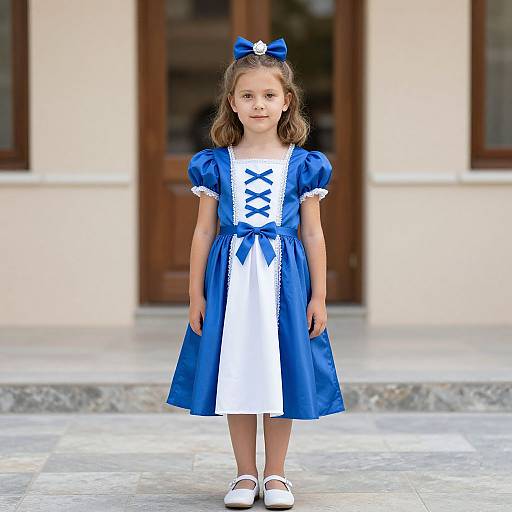 Photograph of a young girl with light brown hair, wearing a blue and white Alice in Wonderland-style dress, blue bow, white shoes, standing on