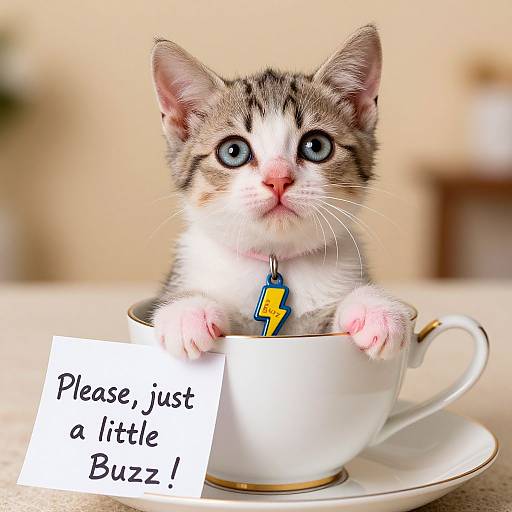 Cute tabby kitten with blue eyes, wearing a yellow lightning bolt collar, in a white teacup with handwritten note: 