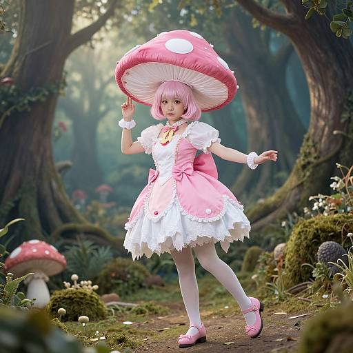 Anime-style girl in pink mushroom hat and frilled pink dress, white stockings, and pink shoes, stands in a magical forest with large mushrooms and lush