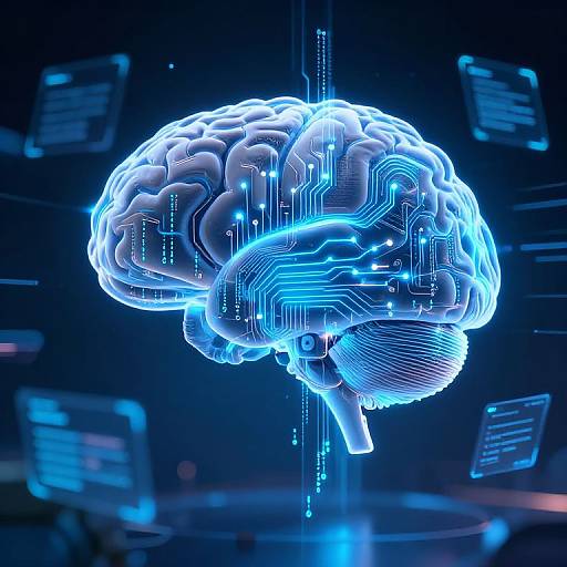 Digital illustration of a glowing, blue-lit human brain with circuitry patterns, floating against a dark, futuristic background with blurred computer screens.