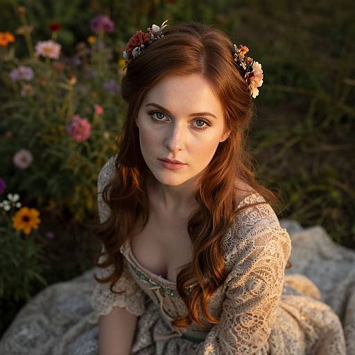 Photograph of a fair-skinned, red-haired woman with blue eyes, wearing a lace, low-cut, vintage dress, adorned with floral headpieces
