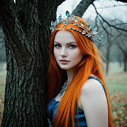 Red-haired woman in blue dress with jeweled crown by tree