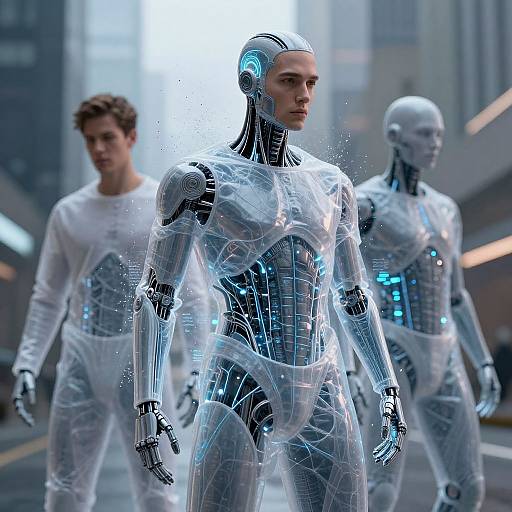 Photorealistic CGI of three futuristic, glowing, humanoid robots with transparent, blue-lit skeletal structures, walking in a sleek, urban cityscape.