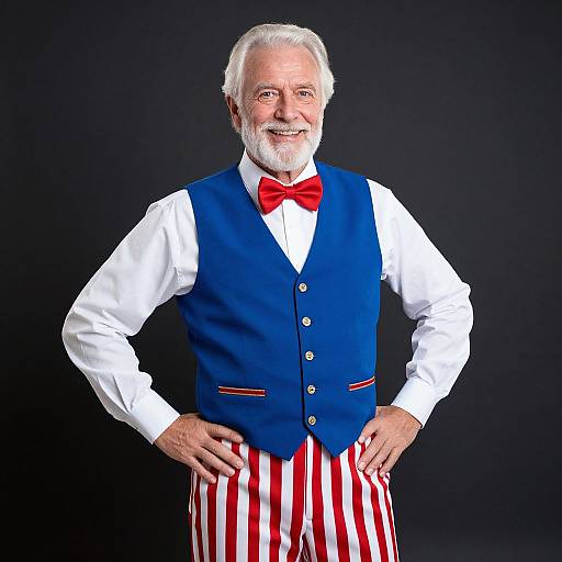 Photograph of an elderly white man with white hair and beard, wearing a blue vest, red bow tie, white shirt, and red-striped pants,