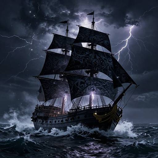 Photorealistic digital art of a stormy, dark blue ocean with a silhouetted, ornate, three-masted ship, illuminated by