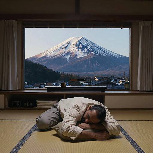 Realistic Living Room with Fuji Mountain View