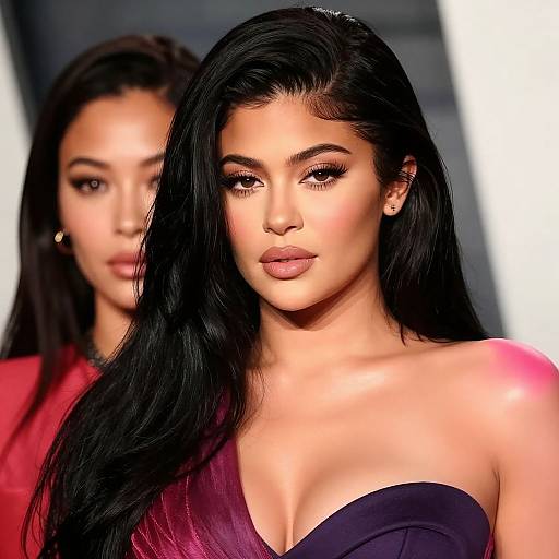 Photograph of two women with long black hair and flawless makeup; foreground woman in deep purple strapless dress, background woman in red.