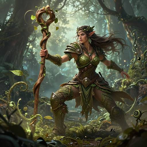 Digital fantasy artwork: Elf warrior woman with green armor and long brown hair, holding a vine-wrapped staff, in a sunlit forest.