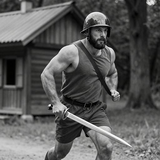 Muscular Warrior Running in Rustic Forest