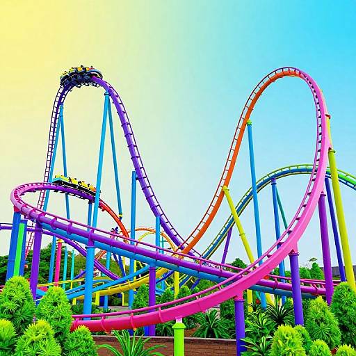 Bright, colorful roller coaster with multiple twisting tracks in pink, blue, yellow, and orange, set against a clear sky and lush greenery. Digital