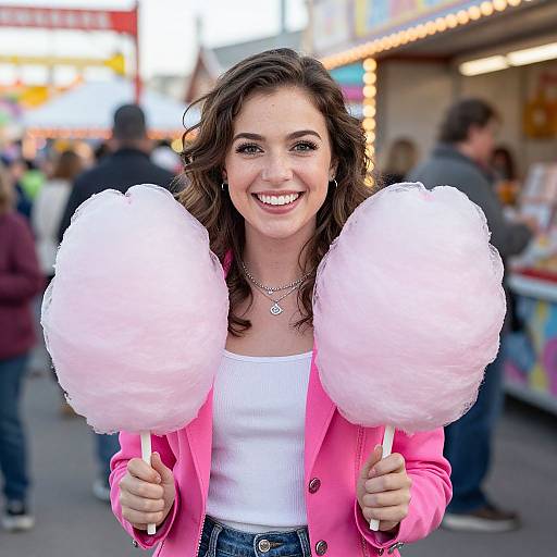 Smiling woman with wavy brown hair holds two fluffy pink cotton candy clouds at a bright, bustling fair. She wears a pink jacket over a white