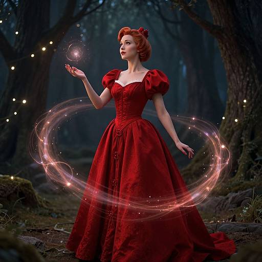 Photograph of a fair-skinned, red-haired woman in a vibrant red, puffed-sleeve dress casting a glowing magic circle in a dark