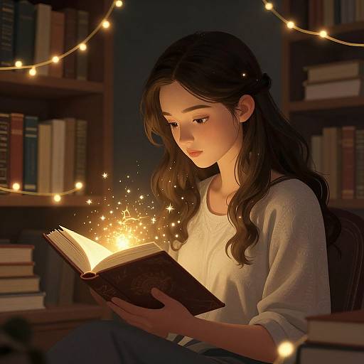 Digital illustration of a young woman with long, wavy brown hair, reading a glowing book surrounded by sparkling lights in a dimly lit library with fairy