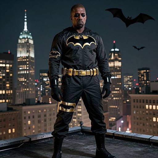 Photograph of a muscular Black man in a black Batman suit with gold accents, standing on a rooftop at night, NYC skyline and flying bats in the