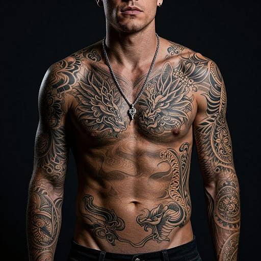 Photograph of a muscular, shirtless man with extensive black dragon and phoenix tattoos covering his chest, arms, and abdomen, wearing a silver necklace against