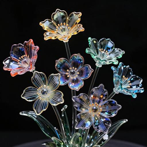 Photograph of colorful, glowing, translucent flower-shaped LED lights with intricate petal details against a black background, creating a vibrant, neon effect.