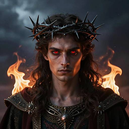 Photograph of a brooding, dark-haired man with red glowing eyes, wearing a spiked crown and black medieval armor, with fiery flames behind him.