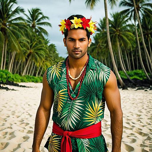 Young Indian Man in Hawaiian Costume on Tropical Beach
