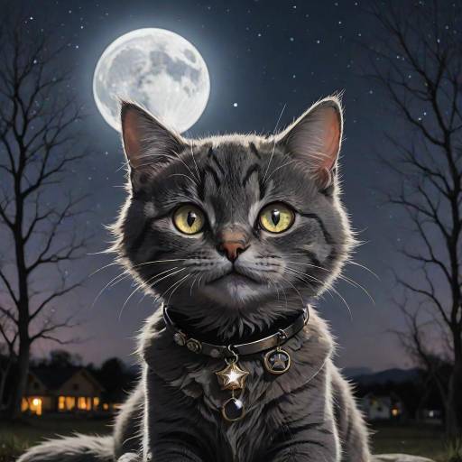 Cat with Star Necklace Under Full Moon