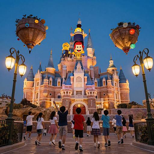 Photograph of a brightly lit Disney castle at dusk, with children in colorful clothes walking towards it, surrounded by glowing lanterns and whimsical hot air