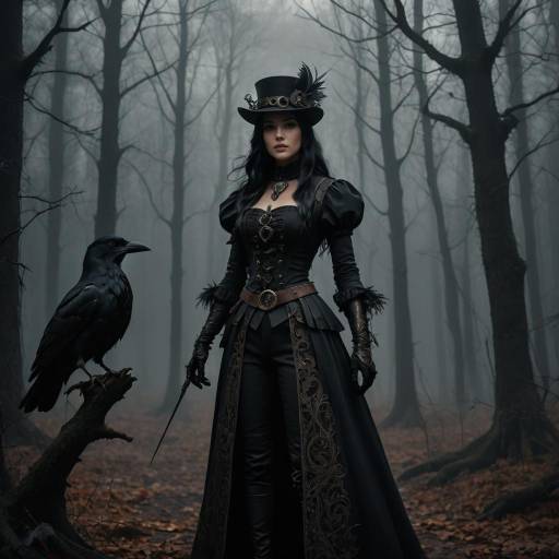 Woman in Gothic Costume with Raven in Foggy Forest