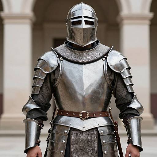 Photograph of a medieval knight in shiny, silver steel armor with a visored helmet, brown leather belt, and chainmail, standing in front of