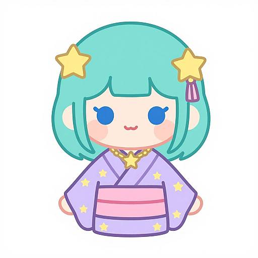 Chibi-style digital drawing of a cute girl with turquoise hair, blue eyes, yellow star hairpins, purple star-patterned kimono, pink ob