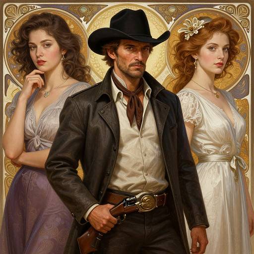 Digital painting of a rugged man in a black cowboy hat, white shirt, and leather jacket, flanked by two elegant women in vintage dresses, against