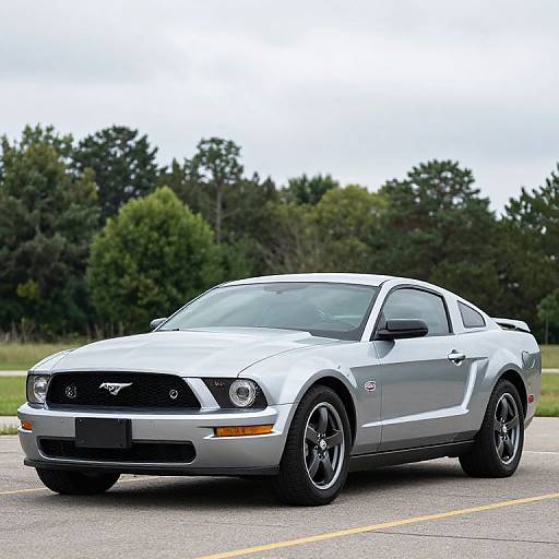 Photograph of a silver Ford Mustang coupe with black rims, parked on a paved road, against a backdrop of green trees and a cloudy sky.