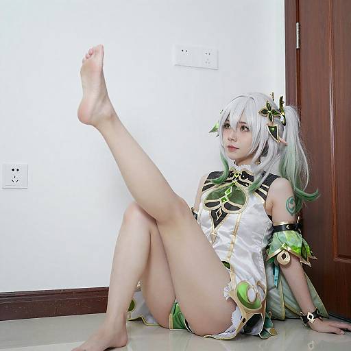 Woman in White-Green Cosplay Pose