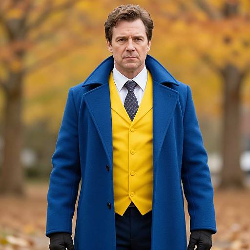 Photograph of a middle-aged man with short brown hair, wearing a blue coat, yellow vest, white shirt, black tie, and black gloves,