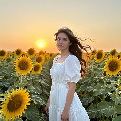 Photograph of a young woman with long brown hair in a white dress standing in a sunlit sunflower field at sunset.
