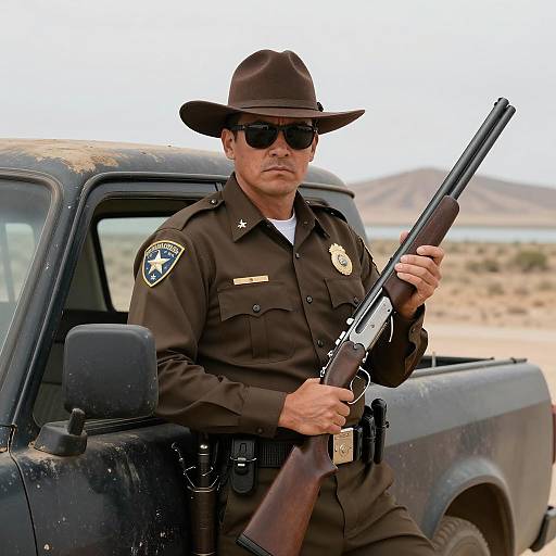 Male Sheriff with Shotgun in Desert Landscape
