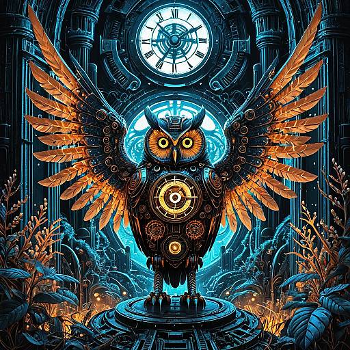 Clockwork Owl in Futuristic Bioluminescent City