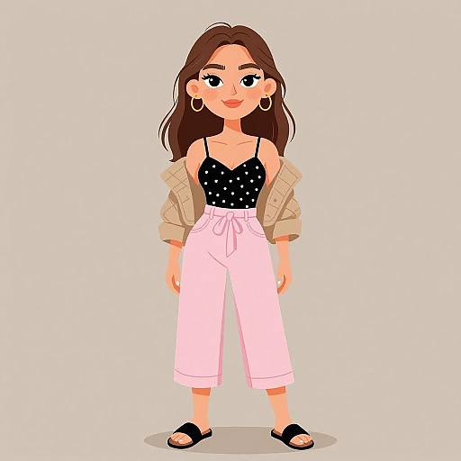 Digital illustration of a smiling woman with long brown hair, wearing a black polka dot top, white cropped pants, beige jacket, and black sandals.
