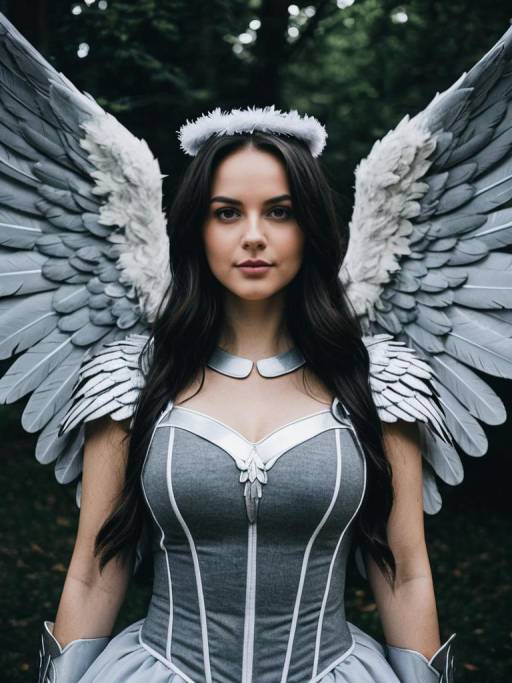 Woman in Grey Angel Wings Costume