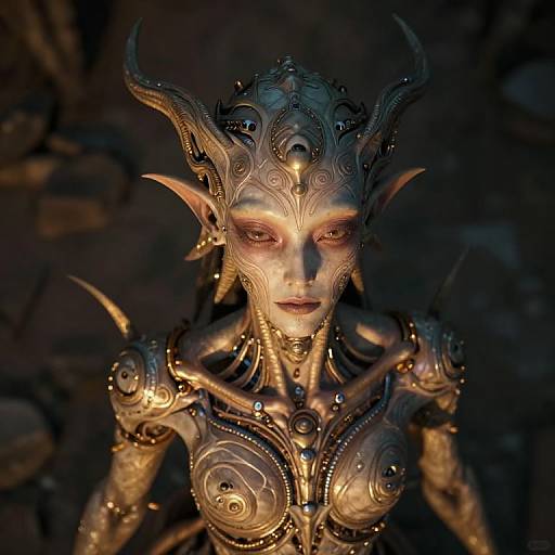 Photorealistic CGI of a fantasy elf woman with intricate, golden, horned headgear, glowing eyes, and ornate armor, illuminated by dark