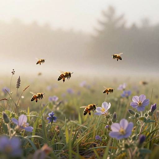Photograph: Morning dew on a field of purple flowers with several honeybees flying among them, soft sunlight in the background.