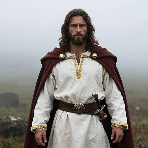 Photograph of a bearded, long-haired man with a rugged face, wearing a white tunic with gold trim, brown belt, and maroon