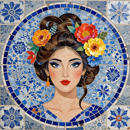 Digital mosaic portrait of a fair-skinned woman with blue eyes, red lips, and a floral headpiece, surrounded by blue and white tiles.