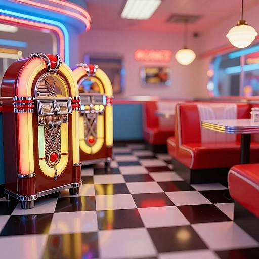 Photograph of a retro 1950s-style diner with neon lights, red booths, black-and-white checkered floor, and vintage jukeboxes