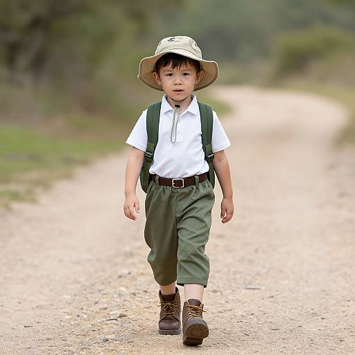 Photograph of a young Asian boy with short black hair, wearing a wide-brimmed hat, white shirt, green suspenders, and pants,