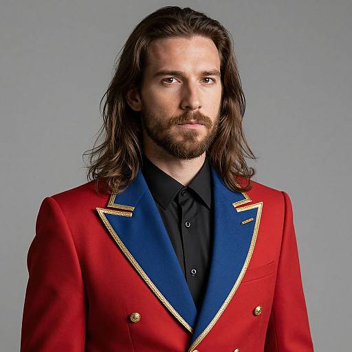 Photograph of a bearded man with long brown hair, wearing a red military-style jacket with blue collar and gold trim, against a gray background.