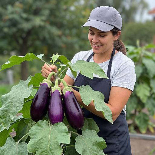 Photograph of a smiling woman with dark hair in a grey cap, black apron, white shirt, holding three large purple eggplants with green leaves