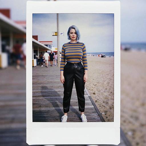 Photograph of a young woman with blue hair, wearing a striped sweater, black high-waisted pants, and white sneakers, standing on a wooden