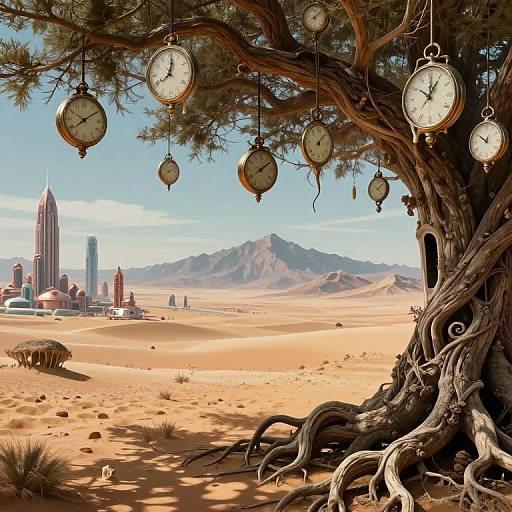 Digital artwork: Desert landscape with sprawling tree roots, hanging vintage clocks, and futuristic cityscape in the background under a blue sky.