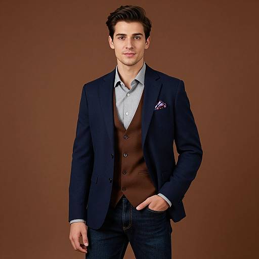 Photograph of a handsome man with short dark hair, wearing a navy blazer, brown vest, light blue shirt, and dark jeans, standing against