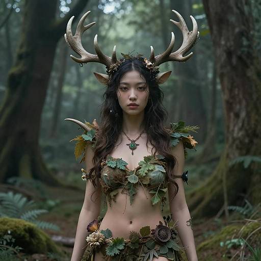 Ethereal Woman with Antlers in Mystical Forest