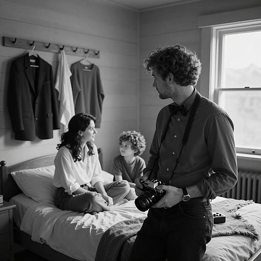 Black and White Family Moment in Wooden Room